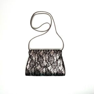 NEIMAN MARCUS Structured Metallic Blush Pink/Black Lace Overlay Crossbody Bag